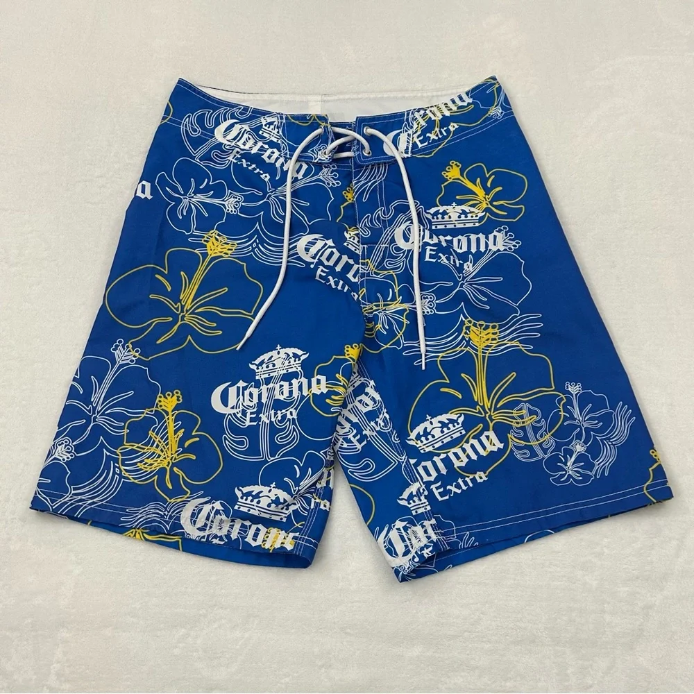 Corona Extra Blue Hawaiian Floral Surf Beach Pool Swim Trunk Board Shorts Men 32